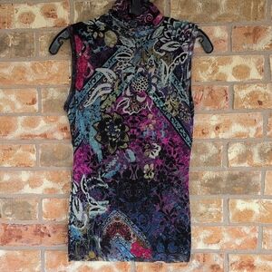Jean Paul Gaultier Fuzzi Floral Mesh Mock-Neck Sleeveless Top. 